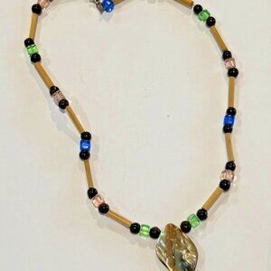 Boho Beaded Necklace with Abalone Shell Pendant Multicolor Glass Beads